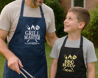 Father And Son Grilling Apron, Custom Embroidered Adult And Kids Apron, Personalized Canvas BBQ Apron, Matching Grill Master And Little Chef