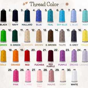 a collection of thread colors, each corresponding to a different color of thread. The colors include black, navy blue, teal, blue, green, brown, brown, taupe, grey, yellow, green, brown, red, purple, orange, soft pink, mauve, ivory, and white.