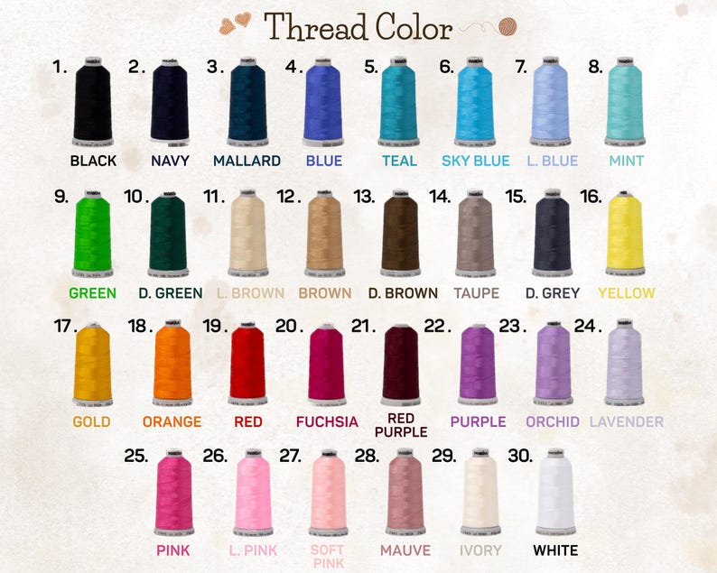 a collection of thread colors, each corresponding to a different color of thread. The colors include black, navy blue, teal, blue, green, brown, brown, taupe, grey, yellow, green, brown, red, purple, orange, soft pink, mauve, ivory, and white.
