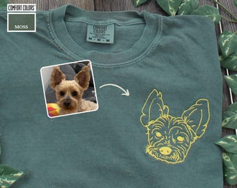 Comfort Colors® geborduurd shirt met pluizig hondengezicht, gepersonaliseerd geborduurd hondenportret van foto, op maat geborduurd T-shirt huisdiermonument