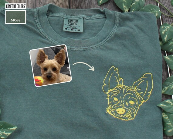 Comfort Colors® Embroidered Fluffy Dog Face Shirt, Personalized Embroidered Dog Portrait from Photo, Custom Embroidered Pet Memorial T-shirt