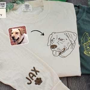 Comfort Colors® Embroidered Pet Face & Name Shirts, Personalized Embroidered Dog Portrait from Photo, Custom Embroidered Long Sleeve T-shirt