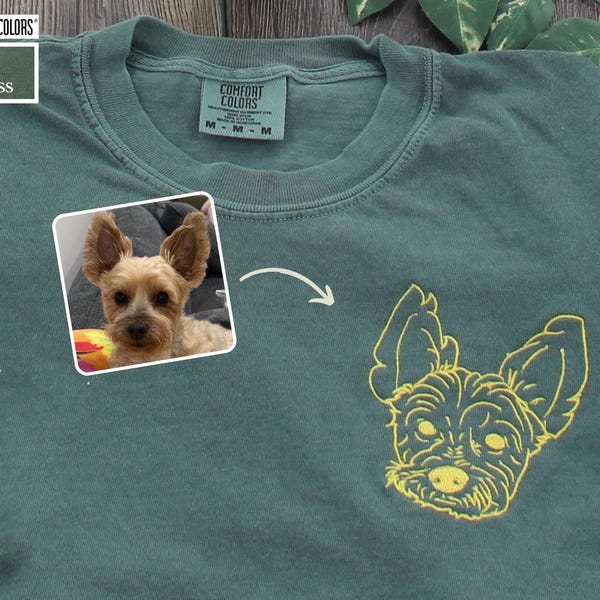 Chemise de chien duveteuse brodée Comfort Colors®, portrait de chien brodé personnalisé à partir d'une photo, t-shirt brodé personnalisé commémoratif d'animal de compagnie