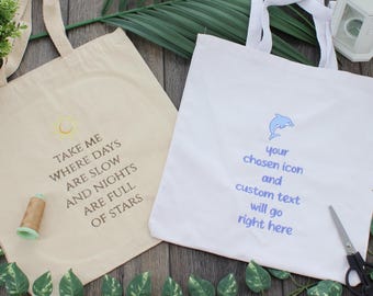 Op maat geborduurde canvas draagtas, gepersonaliseerde draagtas met tekst en logo, strandtas, gepersonaliseerd cadeau bruidsmeisje, cadeau vrijgezellenfeest