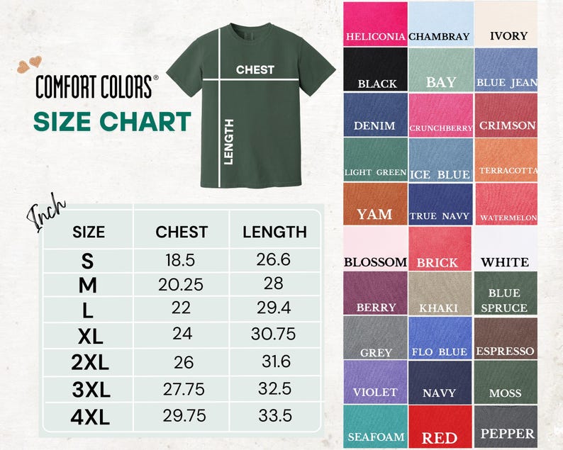 Comfort Colors Size And Color Options