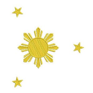 May include: A yellow sun with eight rays and three yellow stars on a white background.