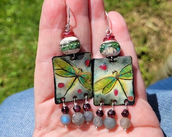 Earrings with artisanal enamel and artist's lampwork beads: "Ohhhhh.. Dragonflies"!!!!!!