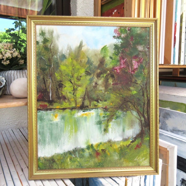 Original painting landscape oil knife with gold leaf frame on linen canvas : "La Serna" Jumet