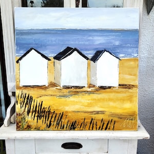 Original marine painting - seaside cabins - oil with knife on linen canvas on frame: &quot;Parfum Du Nord&quot;