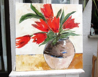 Floral painting oil with a knife on linen canvas on a frame ... : "Les Tulipes Du Jardin"