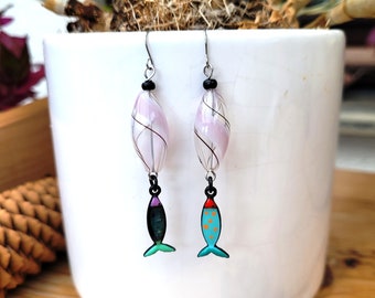 Baroque, chic and urban earrings with handcrafted blown glass beads and fish charms: "Hello The Sardines"