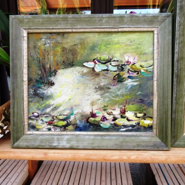 Peinture originale paysage, nénuphars de mon jardin à l'huile au couteau avec cadre ... : "Musique Du Silence 1 "