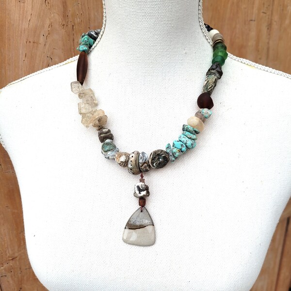 Collier Créateur Style Boho - Perles En Batik De Soie Bleu Turquoise - Longueur 81-90 Cm, Neuf