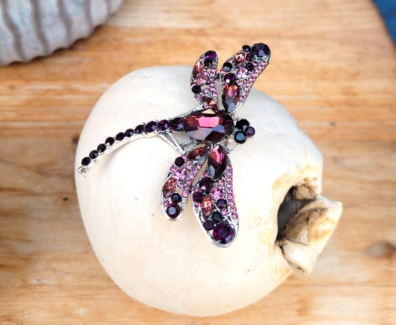 May include: A dragonfly-shaped brooch crafted from silver-toned metal, featuring an array of faceted crystals in various shades of purple, magenta, and deep plum. The wings and elongated body are densely encrusted with these sparkling stones.