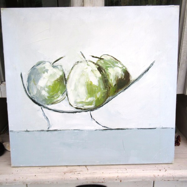 Les Délicieuses : Peinture nature morte "les pommes à l'atelier"  , huile au couteau sur toile de lin sur châssis ...