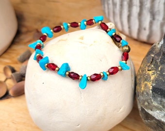 An adjustable rustic boho chic bracelet with sleeping beauty turquoise and red glass beads from Gambia: “Bubbles of Hope”