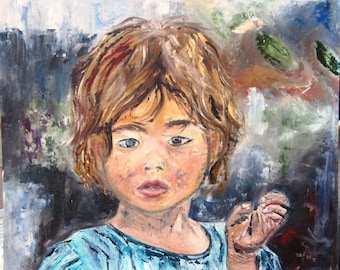 Peinture à l'huile au couteau et pinceau sur carton toilé  , personnage, jeune fille: "Gardons l'Innocence"