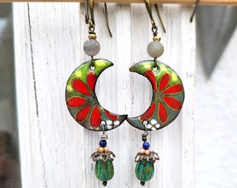 Natural earrings with handcrafted enamel charm and pewter glass charms, labradorite...!!!! : "Flirt"