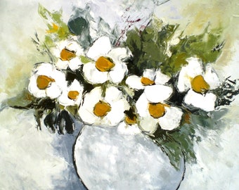 Peinture florale de marguerites stylisées -huile au couteau sur toile de lin sur châssis: "Couleurs De Printemps"