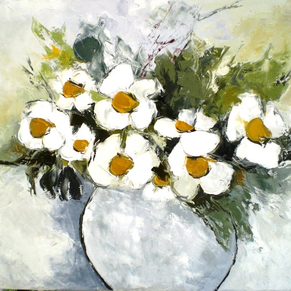 Floral painting of stylized daisies - oil with a knife on linen canvas on a frame : "Couleurs De Printemps"..