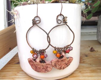 Creole-style earrings with copper structures and artist's ceramics ... : "Moments Of Life"