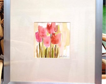 Gouache-Gemälde „Tulpen aus dem Garten“ auf Canson-Papier, mit Aluminiumrahmen: „Geheimer Garten“