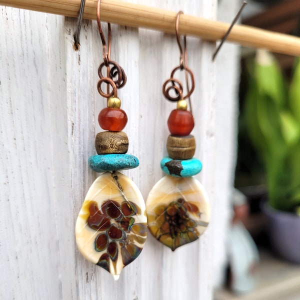 Boho chic earrings with artist lampworks headpins, Nevada turquoise .....: "Dialogues Of Shades"