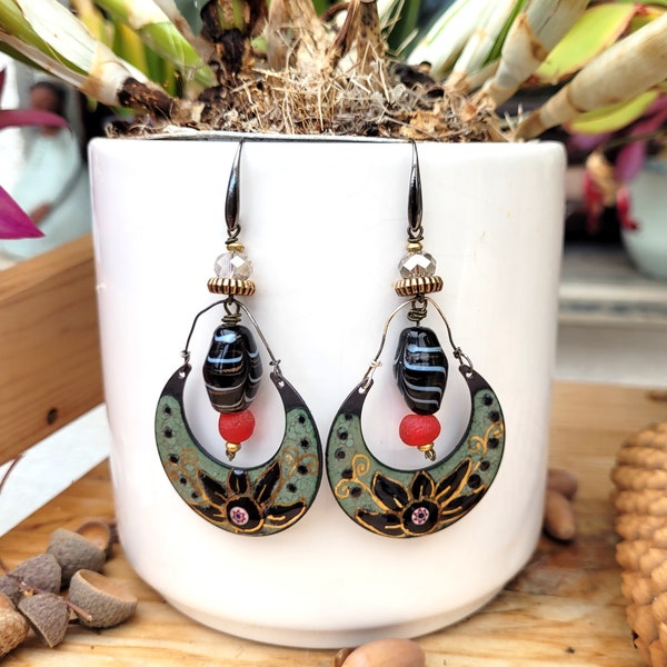 Boho chic earrings with handcrafted enamel and Murano glass and crystal beads!!!!!! : “The Grace of Mornings”