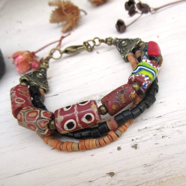 A bracelet 3 rows, tribal style, nomad and boho chic, ancient millefiori beads ... : "Echoes Of Stones"