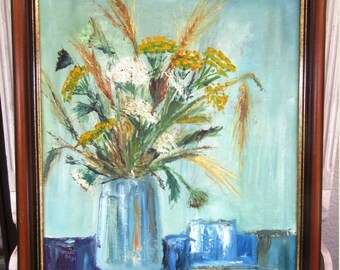 Peinture figurative originale de fleurs, bouquet, peinture à l'huile au pinceau sur carton toilé avec cadre : "Fleurs Des Champs"