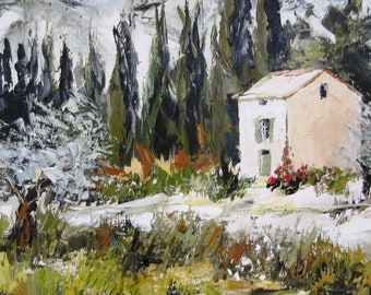 Paysage de Provence, Peinture figurative, peinture à l'huile au couteau sur toile de lin sur châssis : "Saisir Le Temps"