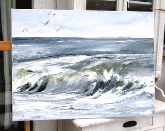 Original marine painting - North Sea ,oil Knife Painting on linen canvas : "Rayons Du Monde"