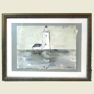 Estrella Solitaria: pintura marina al gouache "un faro bretón" sobre cartón Canson con marco.