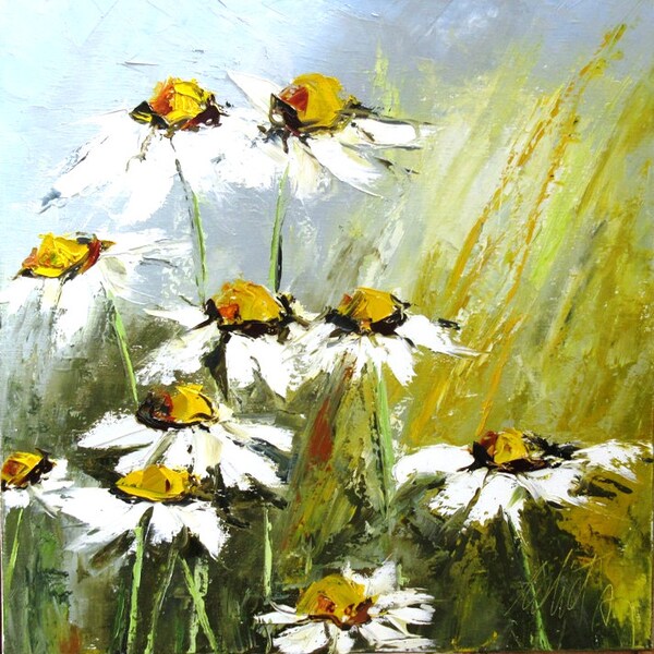 Figurative floral painting - daisies - oil with knife on linen canvas on frame: "Fleurs Au Soleil"