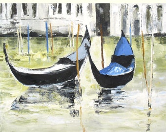 Landscape of Venice - gondolas, Figurative painting, oil painting with a knife on linen canvas: "Parcelles de mémoire"