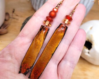 Romantic, asymmetrical, nomadic earrings with enamel charms and glass saucer beads: "The Summer Muse"