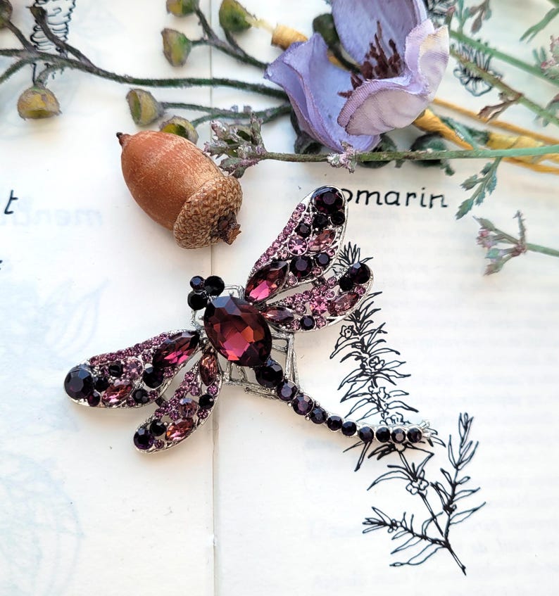 May include: A dragonfly brooch featuring a large, dark purple oval crystal body and wings encrusted with smaller purple and black rhinestones set in a silver-toned metal frame. The insect-shaped pin displays intricate detailing across its wings.