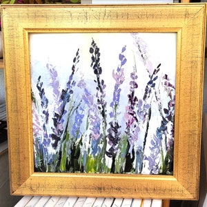 Peinture florale-lavande Provence - huile au couteau sur carton entoilé avec cadre doré à la feuille d'or ..: "Brins d'Espoir"
