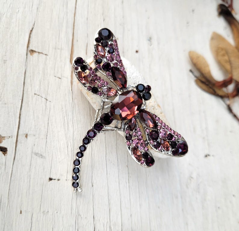 May include: A dragonfly brooch crafted from silver-toned metal, featuring a large oval-cut dark red central stone and wings encrusted with a mix of deep purple, light pink, and dark red rhinestones, with a slender tail lined with small black stones.
