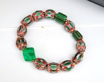 An adjustable ethnic tribal and unisex bracelet, vaseline beads African trade beads, chevron glass beads: "Vision Bursts"