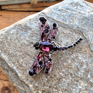 May include: A dragonfly brooch featuring a large oval purple crystal body surrounded by smaller dark purple and light pink rhinestones set in a silver-toned metal frame, with a long tail accented by a row of small round black crystals.