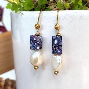 Tribal earrings with antique Venetian Millefiori beads, fine baroque pearls: "A Tender Love" image 9