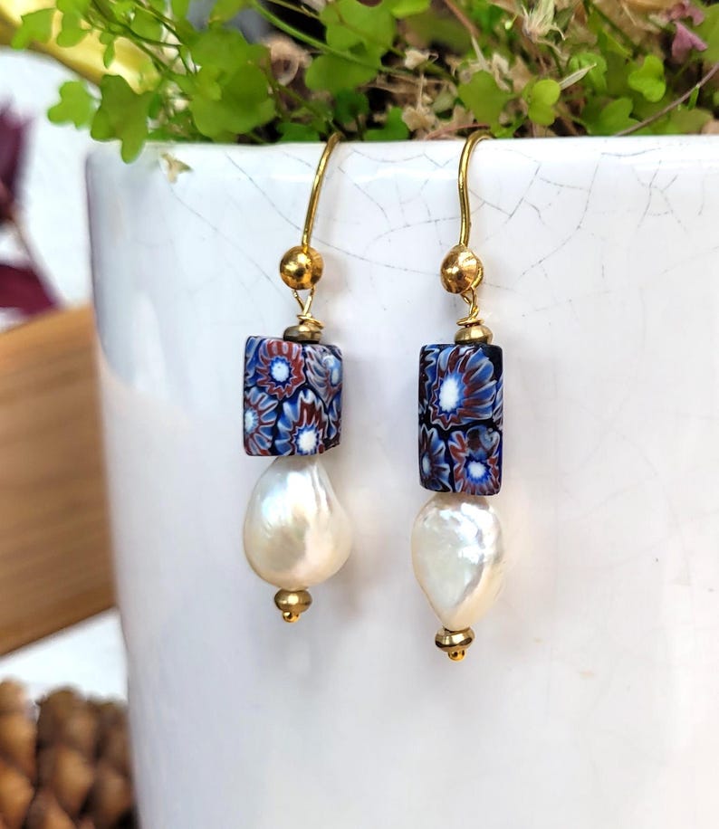 Tribal earrings with antique Venetian Millefiori beads, fine baroque pearls: "A Tender Love" image 9