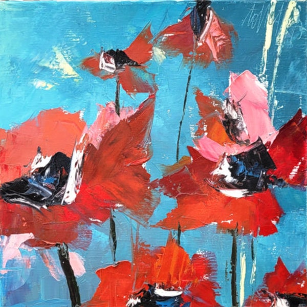 Figurative painting flowers poppies  oil with knife on canvas and linen : ""Belles De Jour 2 ""