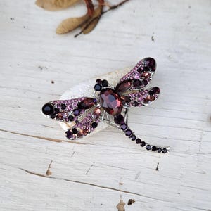 May include: A dragonfly brooch featuring a silver-tone metal frame encrusted with various shades of purple and deep plum crystals. The insect-shaped pin has a large central oval stone for the body and smaller faceted gems on the wings.