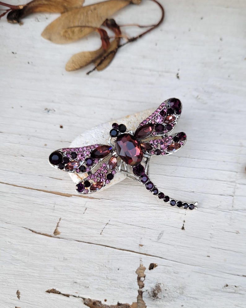 May include: A dragonfly brooch featuring a silver-tone metal frame encrusted with various shades of purple and deep plum crystals. The insect-shaped pin has a large central oval stone for the body and smaller faceted gems on the wings.