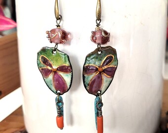 Boho chic earrings with artisanal enamel, coral, artist lampwork glass bead!!!!!! :  "Flirt"