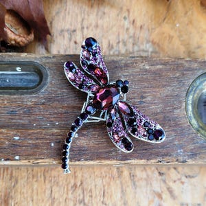 May include: A dragonfly brooch crafted from silver-toned metal, featuring a large central dark purple oval crystal surrounded by smaller deep purple and light lavender rhinestones embedded across the wings and the elongated segmented tail.
