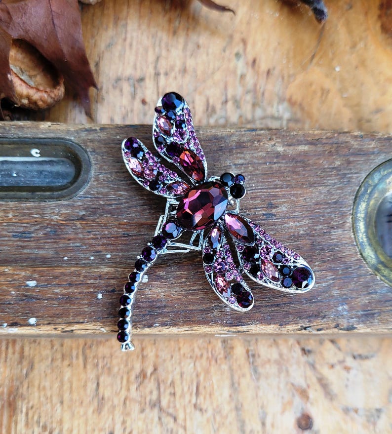 May include: A dragonfly brooch crafted from silver-toned metal, featuring a large central dark purple oval crystal surrounded by smaller deep purple and light lavender rhinestones embedded across the wings and the elongated segmented tail.