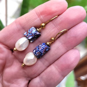 Tribal earrings with antique Venetian Millefiori beads, fine baroque pearls: "A Tender Love" image 1